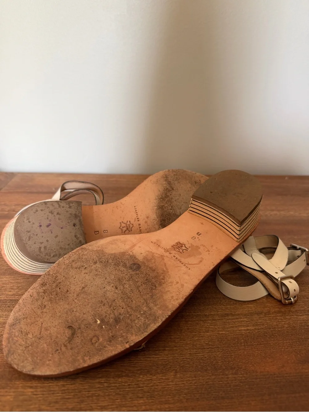 Loeffler Randall Cream Leather Double Strap Low Heel Sandals Sz 8 Quiet Luxury